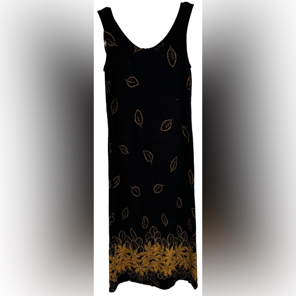 Vintage DJI Black & Orange Leaf & Floral Print Sleeveless Dress